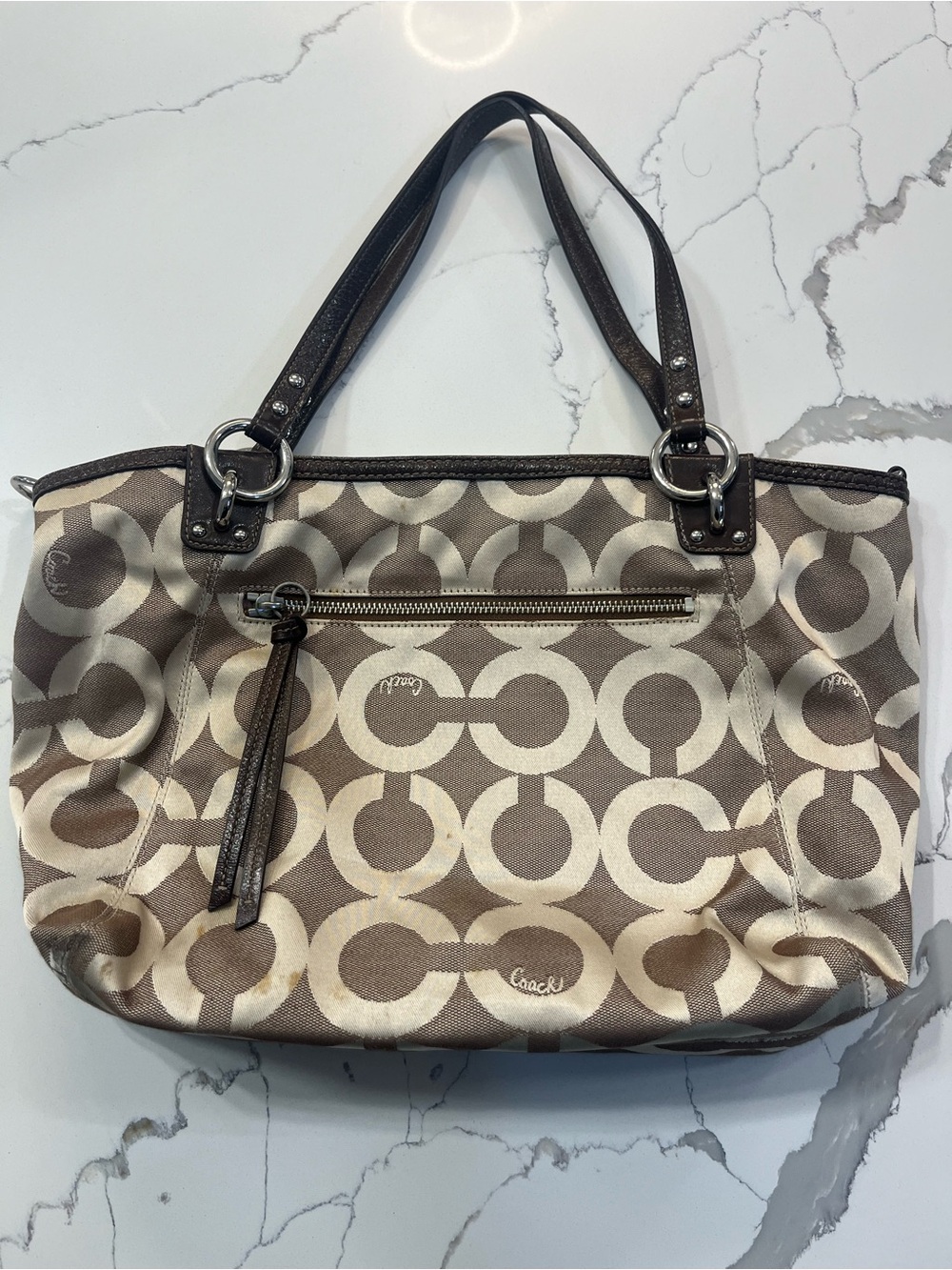 Coach Brown and Cream Signature Tote with Chain-Link Rings
